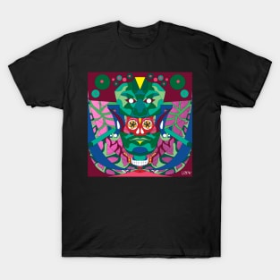 jade mask in red queen pattern ecopop in mexican maya adventure T-Shirt